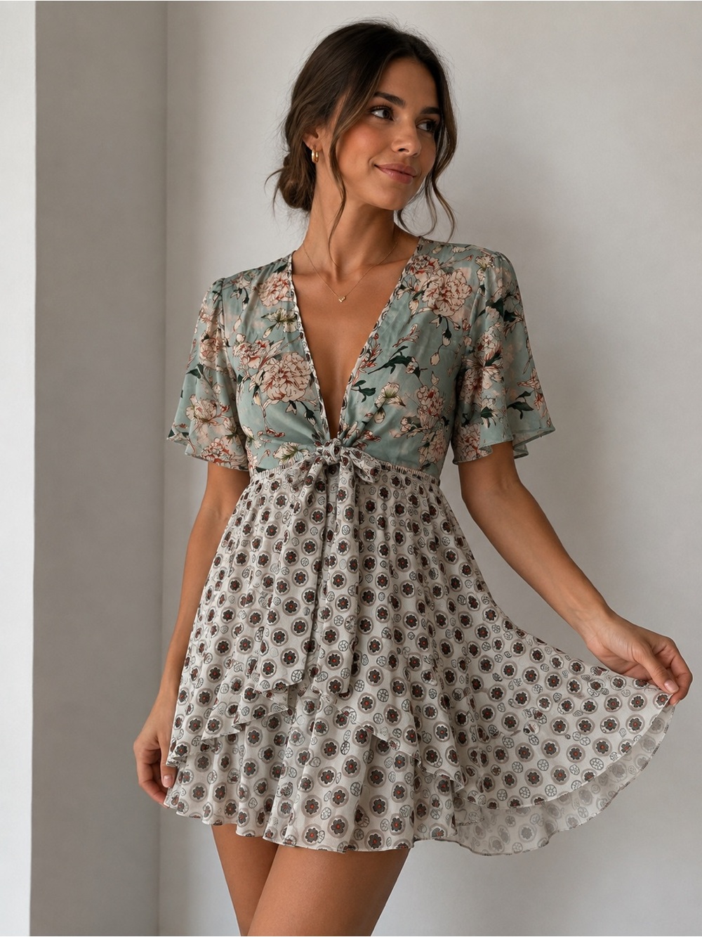 Floral Tie-Front Mini Coverup in Sage and Cream